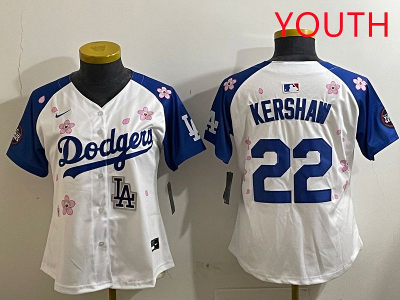 Youth Los Angeles Dodgers #22 Kershaw White Blue Sakura Edition 2025 Nike MLB Jersey style 9